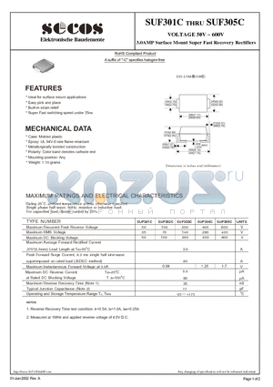 SUF301C datasheet - 3.0AMP Surface Mount Super Fast Recovery Rectifiers