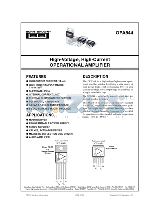 OPA544 datasheet - High-Voltage, High-Current OPERATIONAL AMPLIFIER