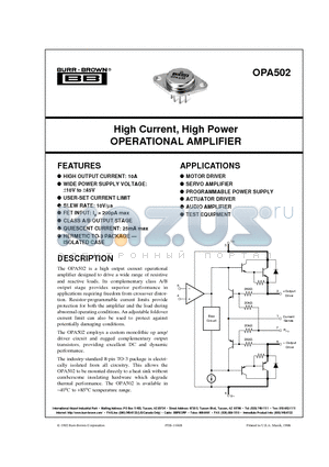 OPA502 datasheet - High Current, High Power OPERATIONAL AMPLIFIER