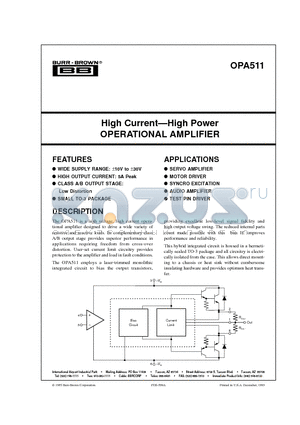 OPA511 datasheet - High Current-High Power OPERATIONAL AMPLIFIER