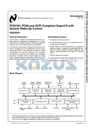 PC87351-XXX/VLA datasheet - PC87351 PC98 and ACPI Compliant SuperI/O with System Wake-Up Control
