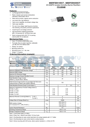 MBRF20H100CT_13 datasheet - 20.0AMPS Isolated Schottky Barrier Rectifiers