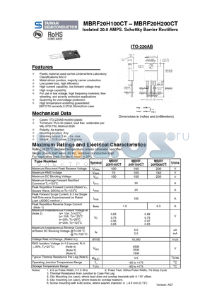 MBRF20H150CT datasheet - Isolated 20.0 AMPS. Schottky Barrier Rectifiers