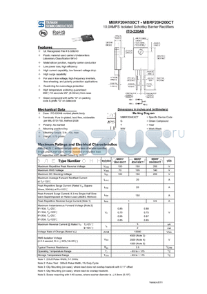 MBRF20H150CT datasheet - 10.0AMPS Isolated Schottky Barrier Rectifiers