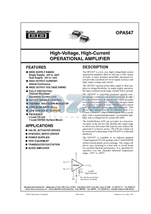 OPA547T datasheet - High-Voltage, High-Current OPERATIONAL AMPLIFIER