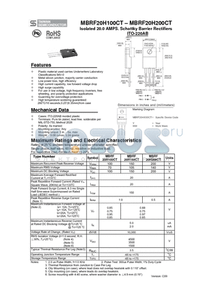 MBRF20H200CT datasheet - Isolated 20.0 AMPS. Schottky Barrier Rectifiers