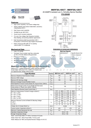 MBRF20L100CT datasheet - 20.0AMPS Isolated Low VF Schottky Barrier Rectifier