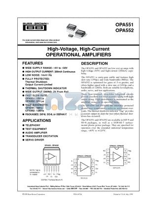 OPA552PA datasheet - High-Voltage, High-Current OPERATIONAL AMPLIFIERS
