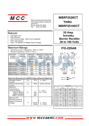 MBRF25100CT datasheet - 25 Amp Schottky Barrier Rectifier 20 to 100 Volts