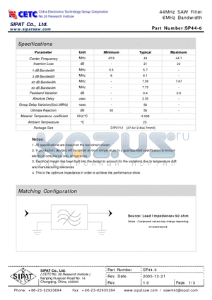 SP44-6 datasheet - 44MHz SAW Filter 6MHz Bandwidth
