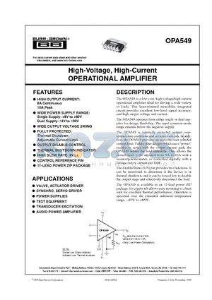 OPA549T datasheet - High-Voltage, High-Current OPERATIONAL AMPLIFIER