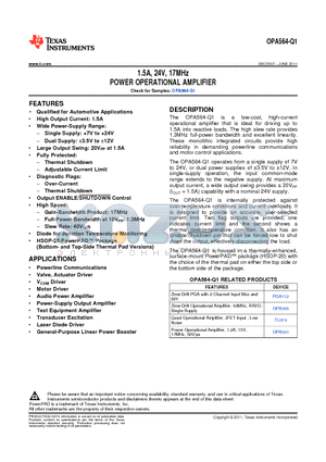 OPA564AQDWPRQ1 datasheet - 1.5A, 24V, 17MHz POWER OPERATIONAL AMPLIFIER