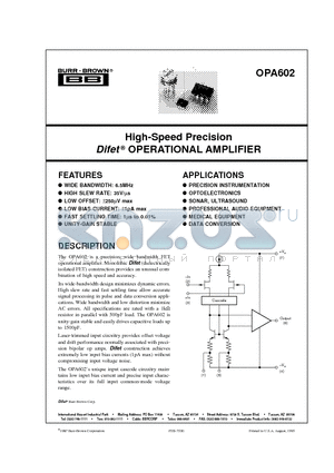 OPA602AP datasheet - High-Speed Precision Difet OPERATIONAL AMPLIFIER