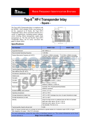 RI-I01-112A datasheet - Tag-it  HF-I Transponder Inlay - Square -
