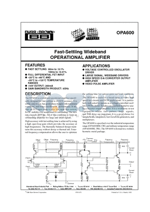 OPA600SM datasheet - Fast-Settling Wideband OPERATIONAL AMPLIFIER