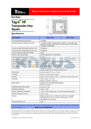 RI-I01-110A datasheet - Tag-it HF Transponder Inlay Square