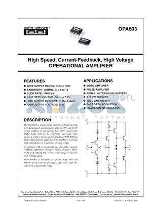 OPA603 datasheet - High Speed, Current-Feedback, High Voltage OPERATIONAL AMPLIFIER