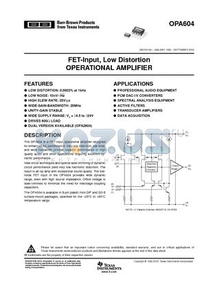 OPA604AU datasheet - FET-Input, Low Distortion OPERATIONAL AMPLIFIER