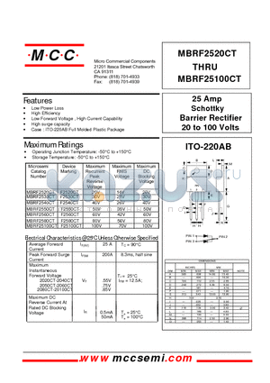 MBRF2560CT datasheet - 25 Amp Schottky Barrier Rectifier 20 to 100 Volts