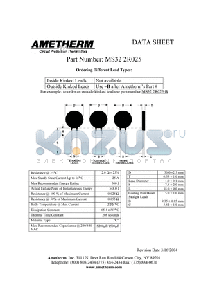 MS322R025 datasheet - Circuit Protection Thermistors