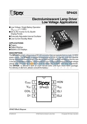 SP4425 datasheet - Electroluminescent Lamp Driver Low Voltage Applications