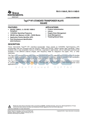 RI-I11-114A-01 datasheet - Tag-it HF-I STANDARD TRANSPONDER INLAYS SQUARE