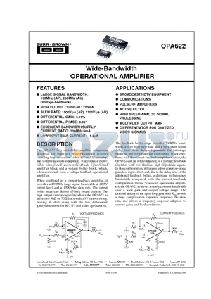 OPA622 datasheet - Wide-Bandwidth OPERATIONAL AMPLIFIER