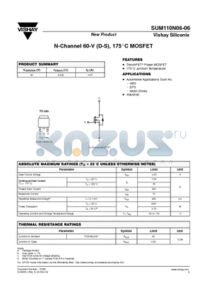 SUM110N06-06 datasheet - N-Channel 60-V (D-S), 175C MOSFET