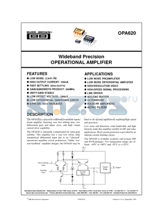 OPA620SG datasheet - Wideband Precision OPERATIONAL AMPLIFIER