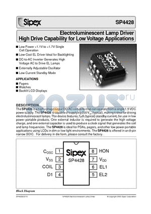 SP4428 datasheet - Electroluminescent Lamp Driver High Drive Capability for Low Voltage Applications