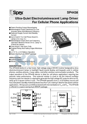 SP4438EU datasheet - Ultra-Quiet Electroluminescent Lamp Driver For Cellular Phone Applications