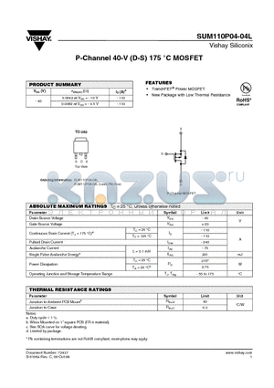SUM110P04-04L-E3 datasheet - P-Channel 40-V (D-S) 175 `C MOSFET