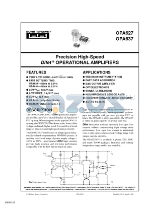 OPA627 datasheet - Precision High-Speed Difet OPERATIONAL AMPLIFIERS