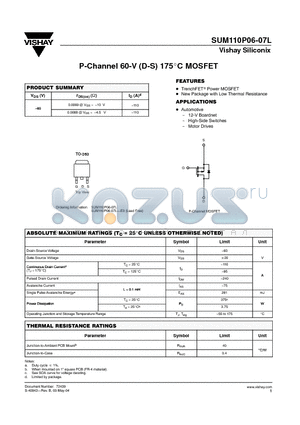 SUM110P06-07L-E3 datasheet - P-Channel 60-V (D-S) 175 Degree Celcious MOSFET