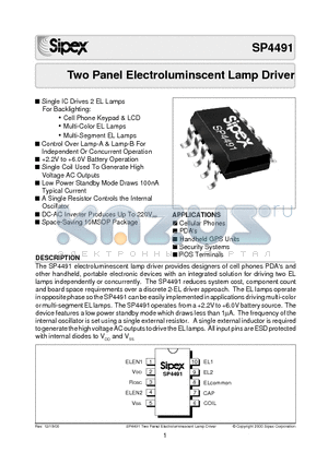 SP4491 datasheet - Two Panel Electroluminscent Lamp Driver