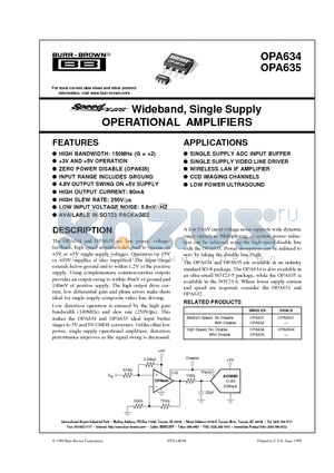 OPA635 datasheet - Wideband, Single Supply OPERATIONAL AMPLIFIERS
