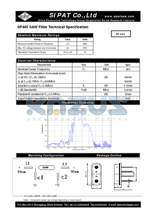SP465 datasheet - SAW Filter Technical Specification