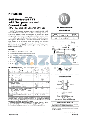 NIF5003N datasheet - Self−Protected FET with Temperature and Current Limit