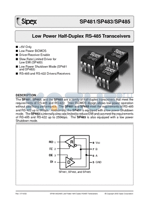 SP481 datasheet - Low Power Half-Duplex RS-485 Transceivers