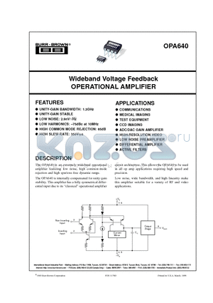 OPA640U datasheet - Wideband Voltage Feedback OPERATIONAL AMPLIFIER