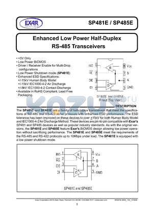 SP481E datasheet - Enhanced Low Power Half-Duplex RS-485 Transceivers