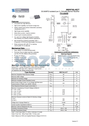 MBRF30L45CT datasheet - 30.0AMPS Isolated Low VF Schottky Barrier Rectifier