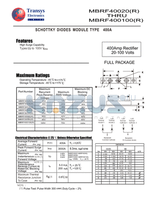 MBRF400100R datasheet - SCHOTTKY DIODES MODULE TYPE 400A