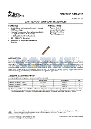 RI-TRP-REHP datasheet - LOW FREQUENCY 23mm GLASS TRANSPONDER