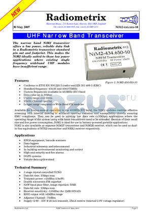 NIM2-434.65-10 datasheet - UHF Narrow Band Transceiver
