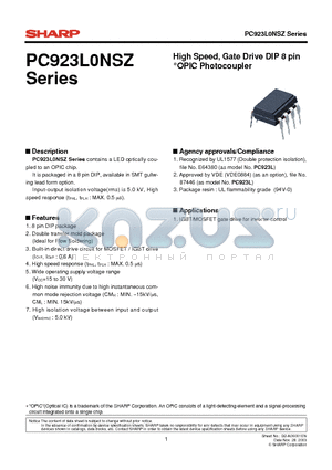 PC923L datasheet - High Speed, Gate Drive DIP 8 pin OPIC Photocoupler