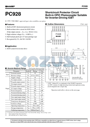 PC928 datasheet - Shortcircuit Protector Circuit Built-in OPIC Photocoupler Suitable for Inverter-Driving IGBT