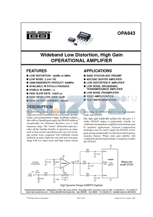 OPA643U datasheet - Wideband Low Distortion, High Gain OPERATIONAL AMPLIFIER
