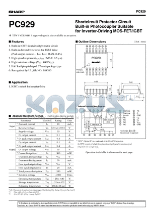 PC929 datasheet - Shortcircuit Protector Circuit Built-in Photocoupler Suitable for Inverter-Driving MOS-FET/IGBT