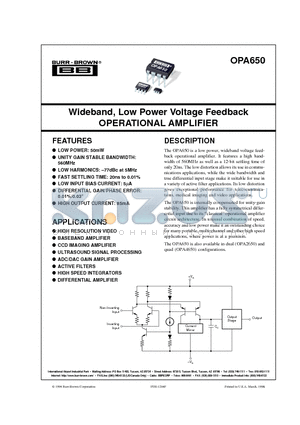 OPA650 datasheet - Wideband, Low Power Voltage Feedback OPERATIONAL AMPLIFIER
